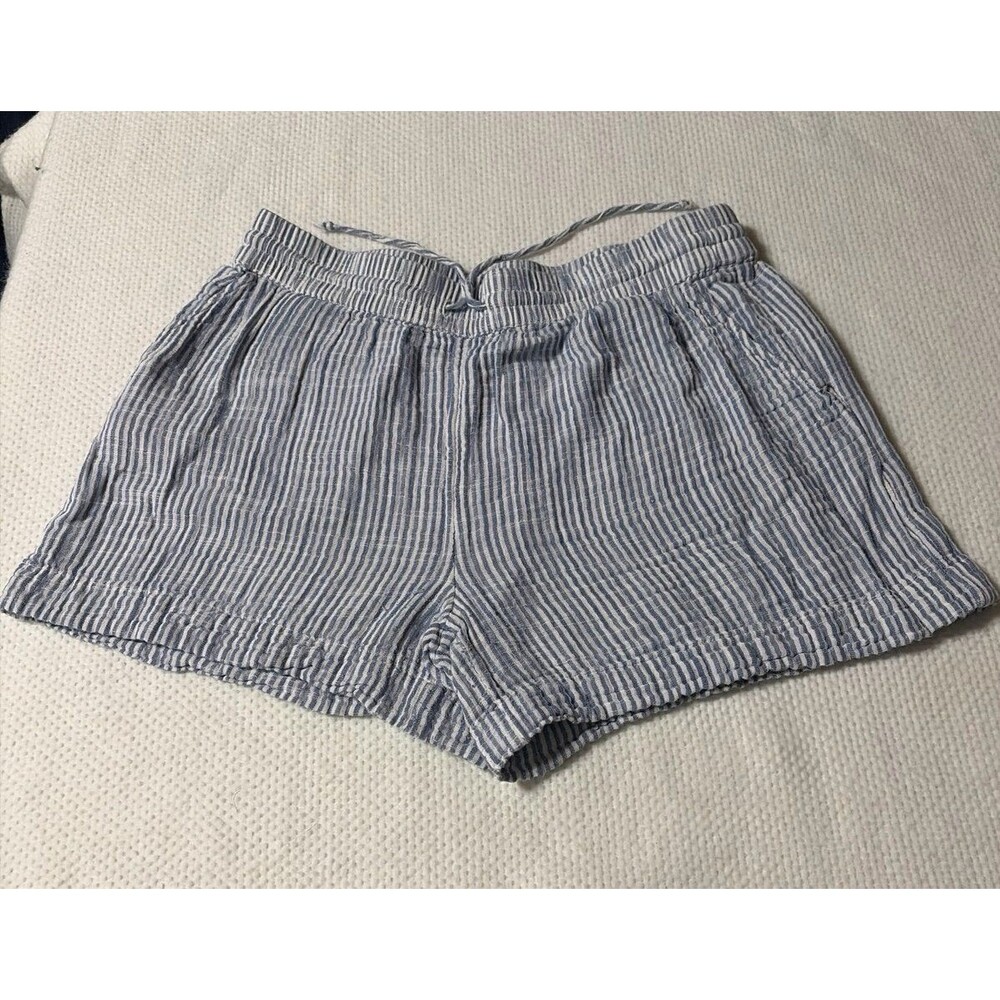 BeachLunchLounge Striped Linen Blend Shorts Blue White Elastic Waist Medium